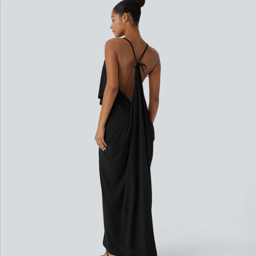 HALARA V Neck, Tie Back, Ruched Black Dress - Picture 4 of 6